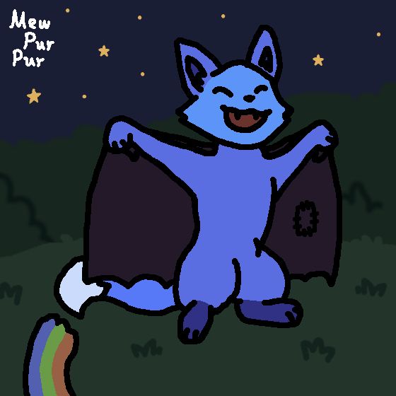 Vicki, GodSVG's mascot, stands upright on a grass in front of some shrubs, with the night sky as a backdrop. She's holding a blanket as if it were bat wings, and has an RGB trail coming from her tail.