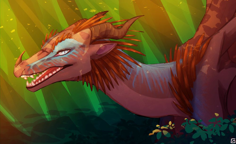 a fully rendered halfbody piece of a brown dragon with amber spikes on her eyebrows, neck ruff, and shoulders. she has blue stripe patterns around her eyes and down her spine. She is in a forest with sunbeams and motes of light, as well as dappled light from leaves.