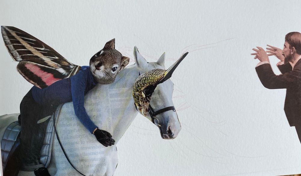 Magazine cut out collage of a squirrel with wings hugging a unicorn. A man to the far right wiggles his magic fingers at them