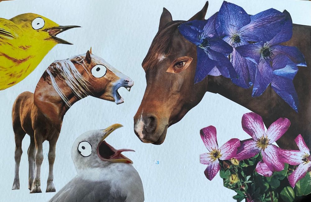 Magazine cut outs. Three screaming animals on left (two birds and a horse). On the right a calm horse adorned with flowers looks on, unbothered.