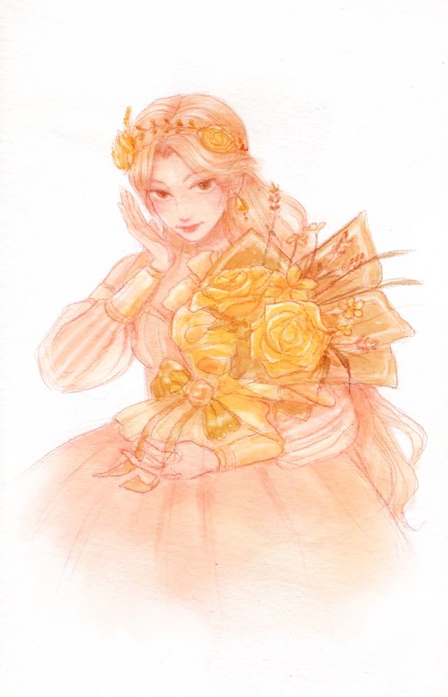 Watercolour painting of a woman cradling a bouquet of roses. She is wearing a gown, a flower crown, and has long hair to her waist. She holds an open hand near her face and looks at the viewer