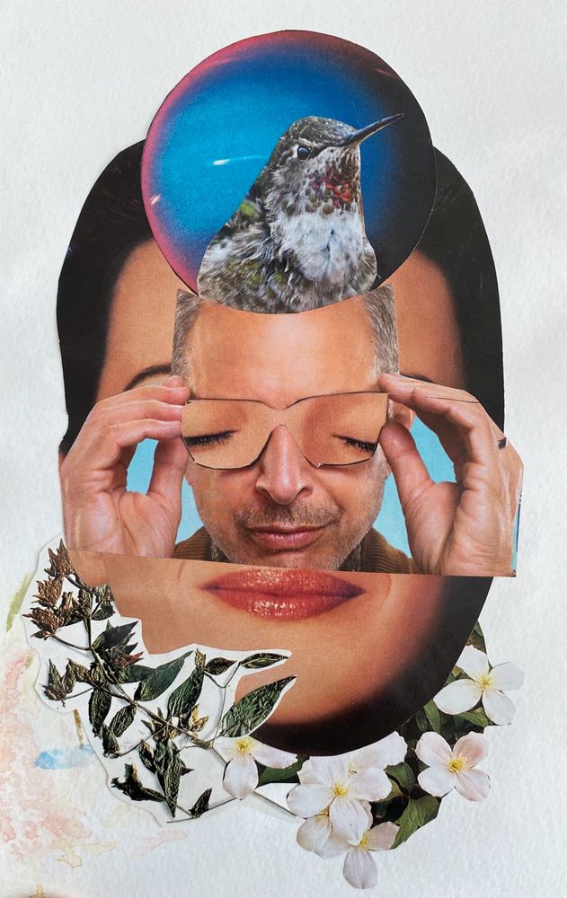 Magazine cut out collage of a face in a face. (It’s goldblum) Flower cut outs around neck, it’s thinking about a hummingbird in Uranus