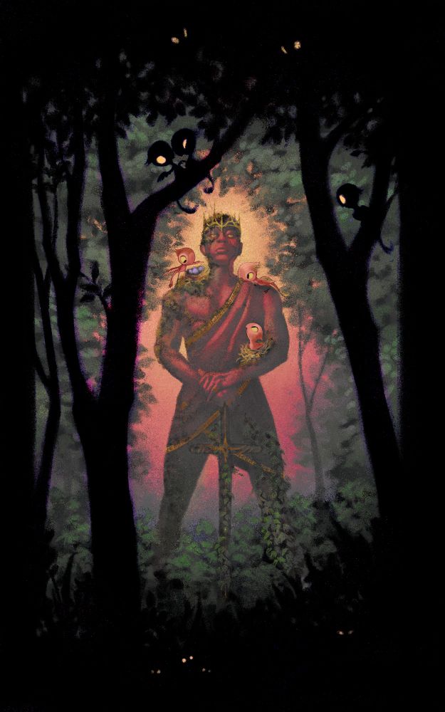 A textural illustration of a kingly statue (center), detailed with gold, over grown with moss and ivy, and standing in a forest grove. There are dark silhouettes of trees in the foreground where birds perch. The statue is facing the viewer straight on, resting his hands on a sword in front of him. Birds have taken up residence on the statue, making their nests in the mossy crook of his neck and arm.