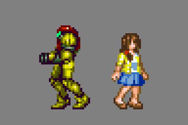 On the right of Samus, indeed is a Super Metroid style sprite of Ayumi Tachibana as she appears in Emio: The Smiling Man!

This sprite was solely commissioned mainly for shits and giggles, though does make sense at the same time considering Yoshio Sakamoto's involvement with the Metroid and Famicom Detective Club franchises.