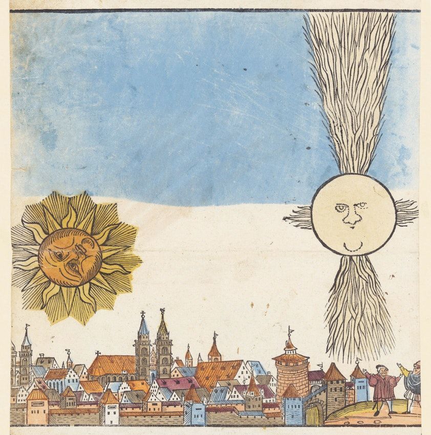 An illustration depicting a medieval cityscape with colorful buildings in the foreground. Above the city, there is a stylized sun on the left with a human face, surrounded by rays. To the right, a large celestial object with a face and long, flowing tail extends upward, resembling a comet. The sky is mostly clear and blue.