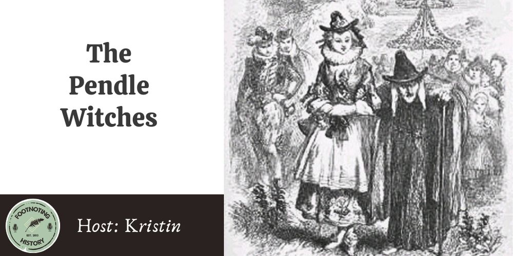 The Pendle Witches. Kristin. Image: Black and white drawing of two presumed witches being glared at by onlookers.