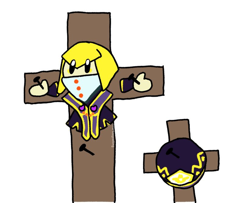 Zan Partizanne from Kirby Star Allies getting crucified. Her hat is also getting crucified.