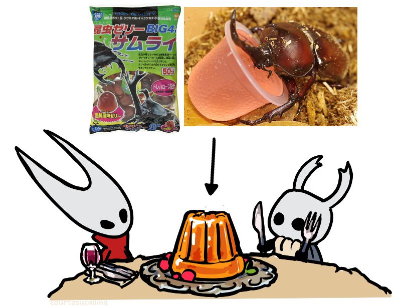 Drawing of Hornet and the protagonist from Hollow Knight eating a beetle jelly cup off of a silver platter as if it's a fancy jelly mold.