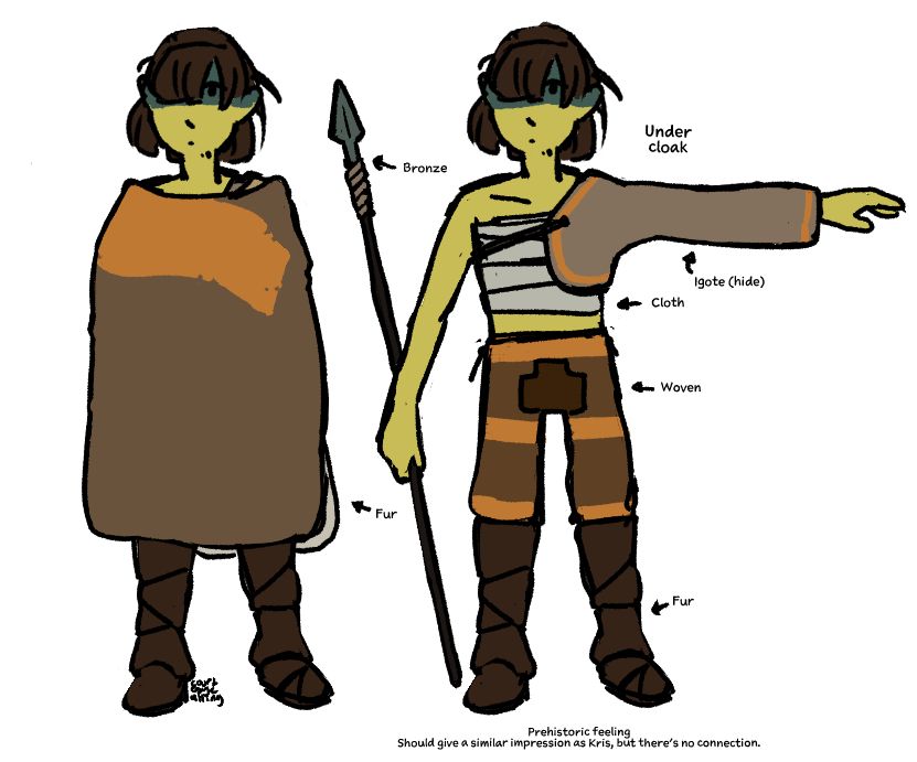 Further details on this interpretation of the character's design. Should have a prehistoric feeling and give a similar impression as Kris, though there's no connection.
Cloak is a fur pelt, spearhead is bronze. Underneath cloak: igote made of hide, cloth chest wrap, woven pants, fur leg wraps/boots