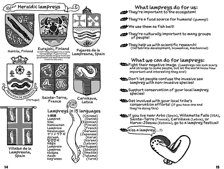 Some places with lampreys on their heraldry include:
Nakkila & Eurajoki, Finland
Pajares de la Lampreana & Villalba de la Lampreana, Spain
Freguesia de Penacova, Portugal
Sainte-Terre, France
Carnikava, Latvia
Also included is a list of 15 languages' word for lampreys.

What lampreys do for us:
Important to ecosystem, food source, fish bait, culturally importance, scientific research
What we can do for lampreys:
Fight their negative image, don't let invasive & non-invasive species be confused, support conservation of local species, get involved with your local tribe's conservation efforts (if applicable). 
If you live near Arbo (Spain), Willamette Falls (USA), Sainte-Terre (France), Carnikava (Latvia), or Narva-Jõesuu (Estonia), go to a lamprey festival!
Kiss a lamprey...? (This one is being said by a lamprey)