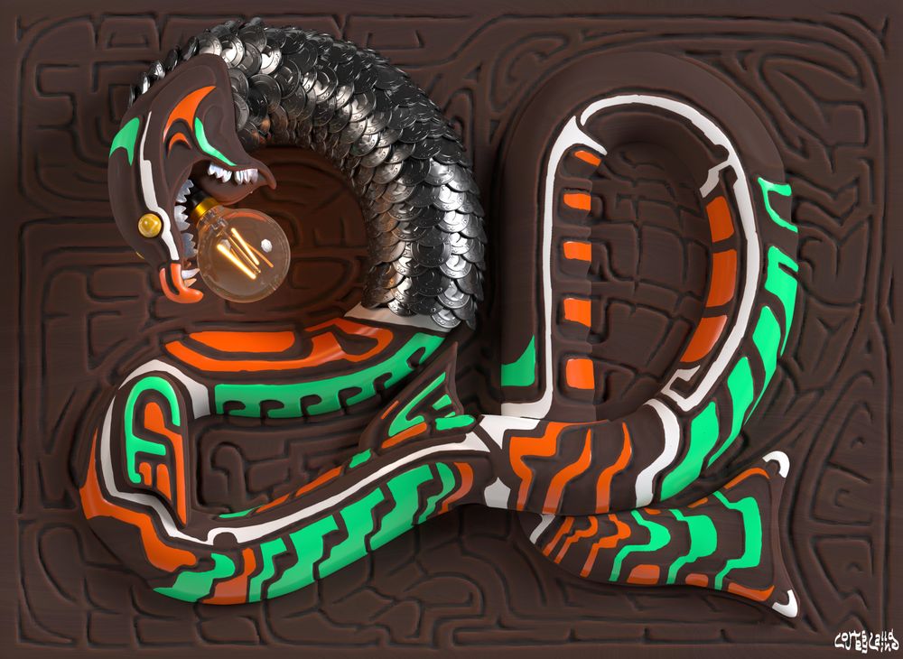 Folk art style wood carving of Horrorboros. It's embellished with coins, marbles and shell, and its mouth holds a lightbulb.