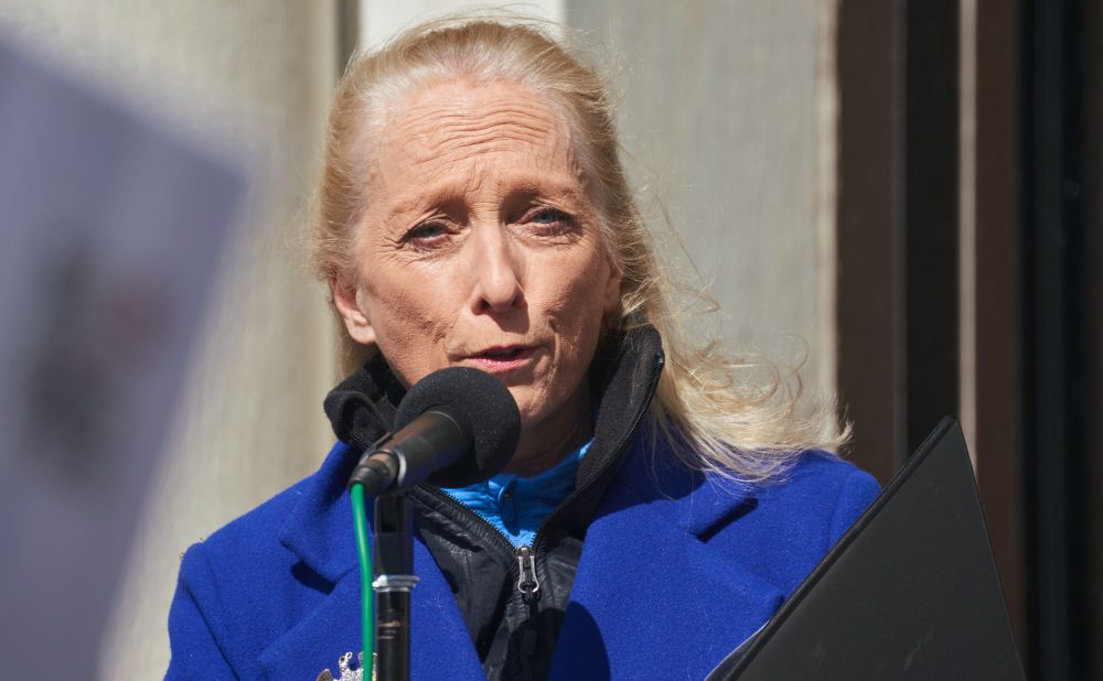 Mary Gay Scanlon. U.S. House Rep for PA-5 speaking at a microphone wearing a blue coat on the steps of the Delaware County Courthouse.