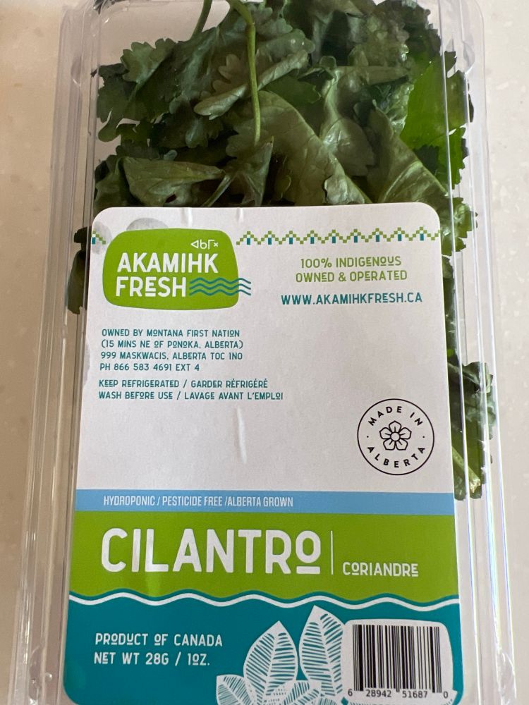 A package of cilantro. It is grown hydroponically in Alberta