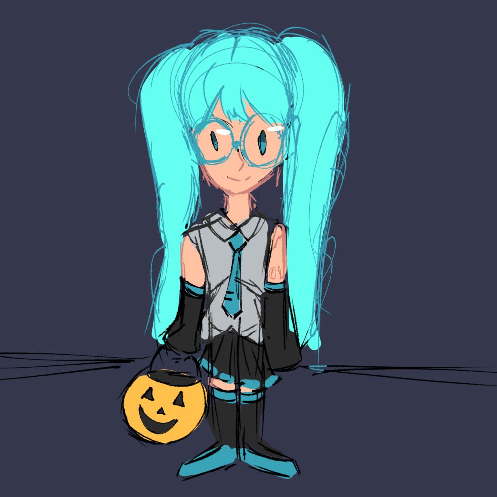 A low-effort, messy colored sketch of hastune miku with glasses and a plastic pumpkin bucket