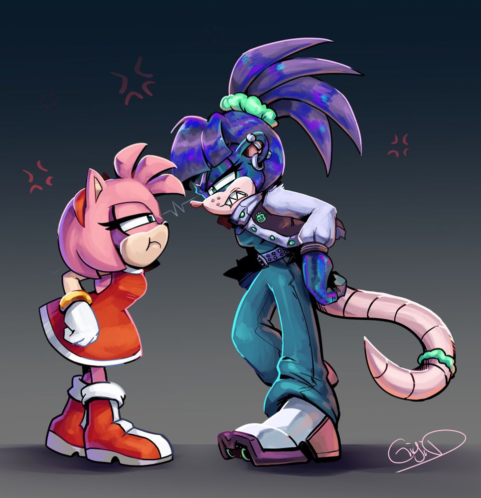 Commission from Gigi D, showing Amy Rose from Sonic the Hedgehog staring down a blue and purple opossum character wearing a varsity jacket and blue jeans.