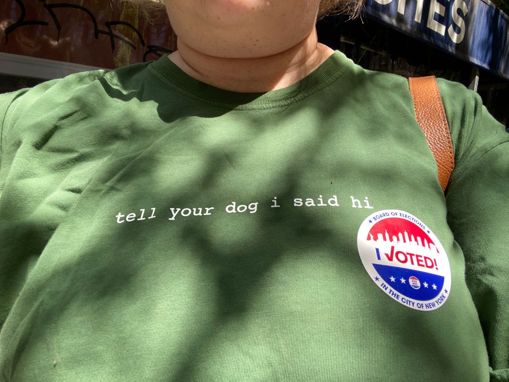 Picture of a green dog rates “tell your dog I said hi” tshirt with an “I voted!” sticker on it