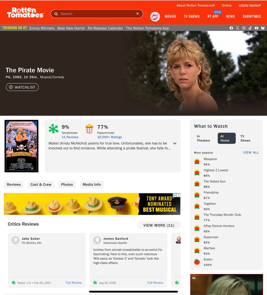 Screengrab of the Rotten Tomatoes page for 1982’s The Pirate Movie, where it has a *towering* 9% on the Tomatometer. 