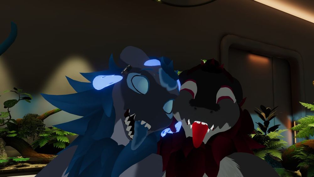 Two wickerbeats in VRChat, doing a selfie together. Much love and thanks. Smooch!