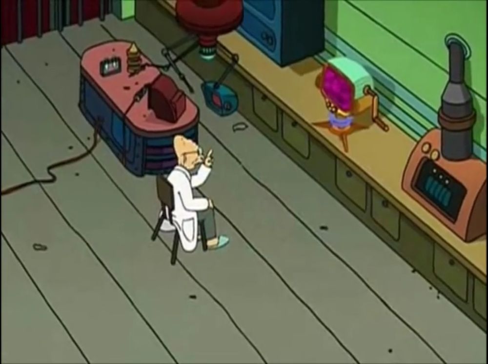 Screencap from the end of Anthology of Interest I in which the Professor sadly reflects on what things would have been like if he had invented the Finglonger.