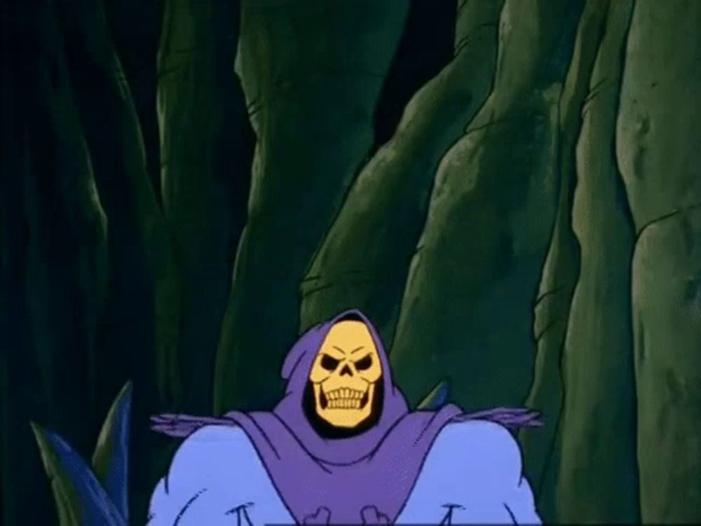 skeletor from the masters of the universe is a cartoon character with a purple robe .