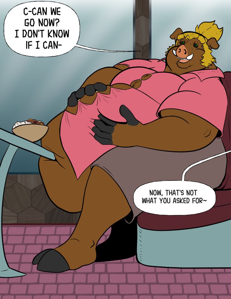 A fat anthro boar eating at a restaurant. Dialogue: "Can we go now? I don't know if I can-" "Now, that's not what you asked for~"
