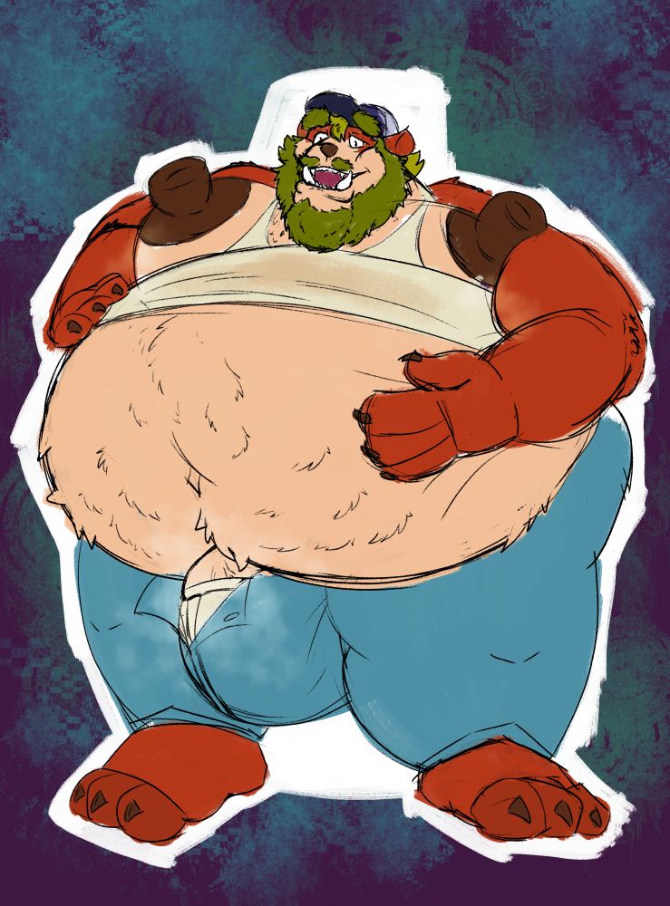 An obese, surprised, and confused red, anthropomorphic otter with the stereotypical clothing of a trucker. 