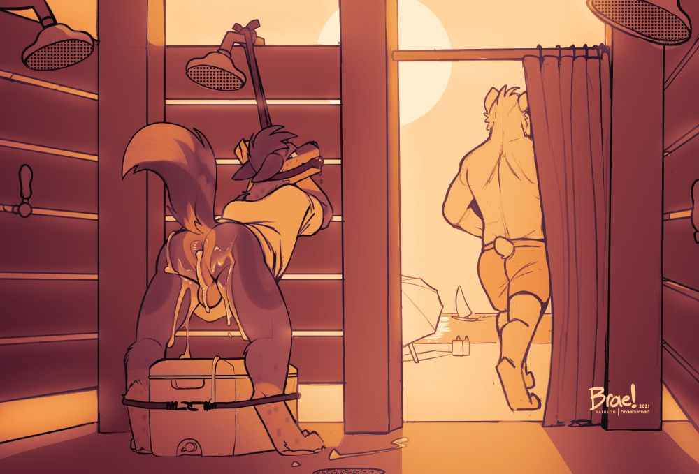 NSFW Furry art by Braeburned. An anthro dog bottom is bound for public use in the beach showers. #braeart #furryart