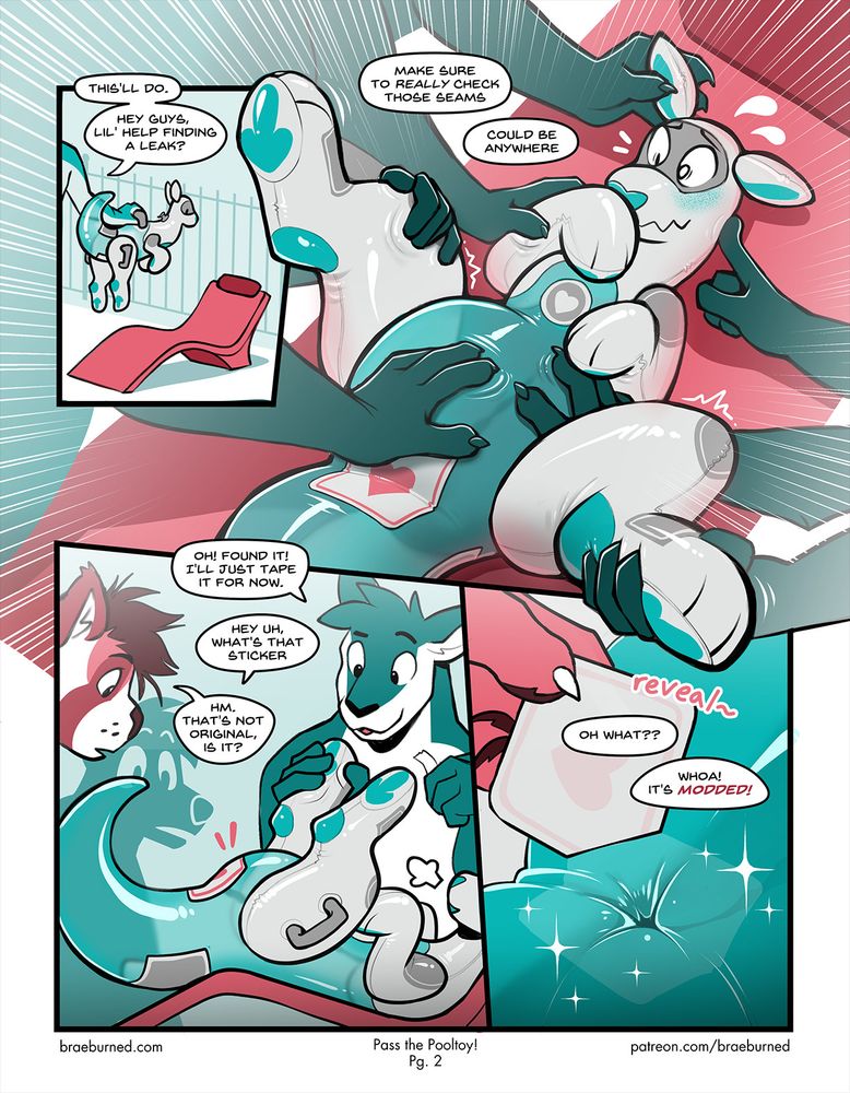 Page 2 of Braeburned's NSFW comic, Pass the Pooltoy. Bondi, a kangaroo pooltoy, gets a rubdown as partygoers repair an air leak. In their search, they find a sticker that was hiding a secret; he's modded to be fuckable! #furryart
