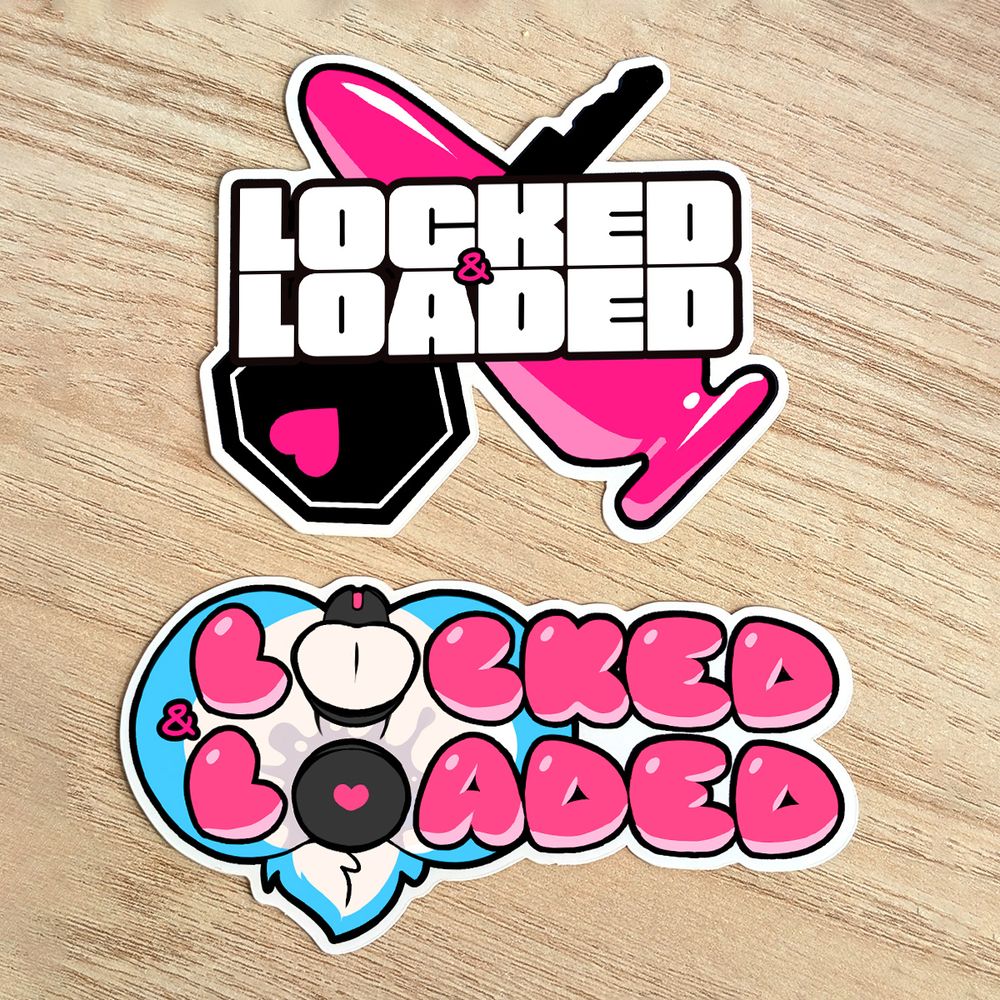 NSFW chastity-themed sticker designs by Braeburned. Both show the text "LOCKED AND LOADED". The first design show a buttplug and key crossed into an X, and the second one integrates a plugged and caged furry ass. 