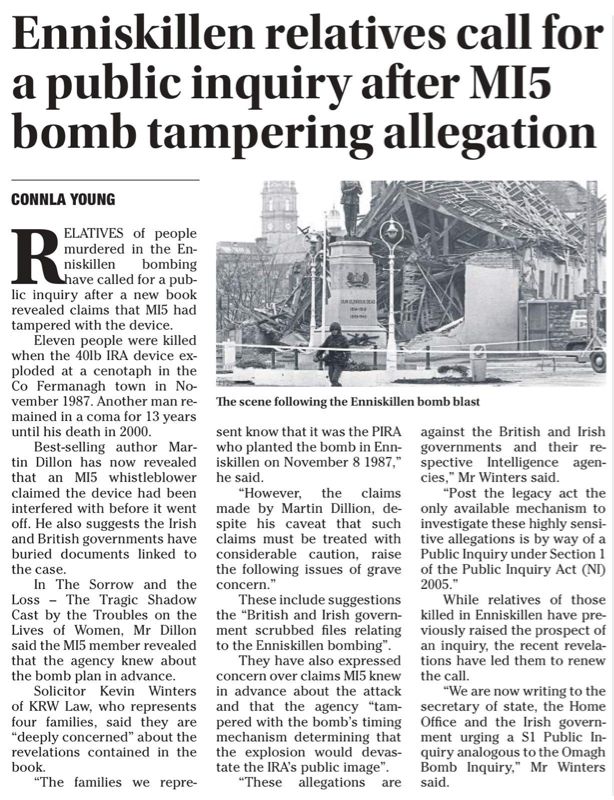 Irish News article about British involvement in Enniskillen bombing.