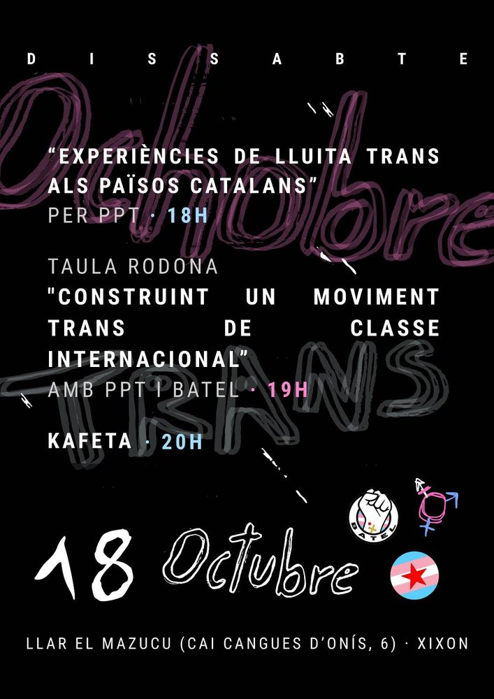 Cartell signat per BATEL i PPT. És negre i té de fons les paraules "Ochobre Trans" en rosa i en blanc. Text:
"Dissabte
Experiències de lluita trans als Països Catalans, per PPT 18H
Taula Rodona "Construint un moviment trans de classe internacional" amb PPT i BATEL 19H
Kafeta 20H
18 octubre
Llar el Mazucu (Cai Cangues d'Onís, 6) Xixón"