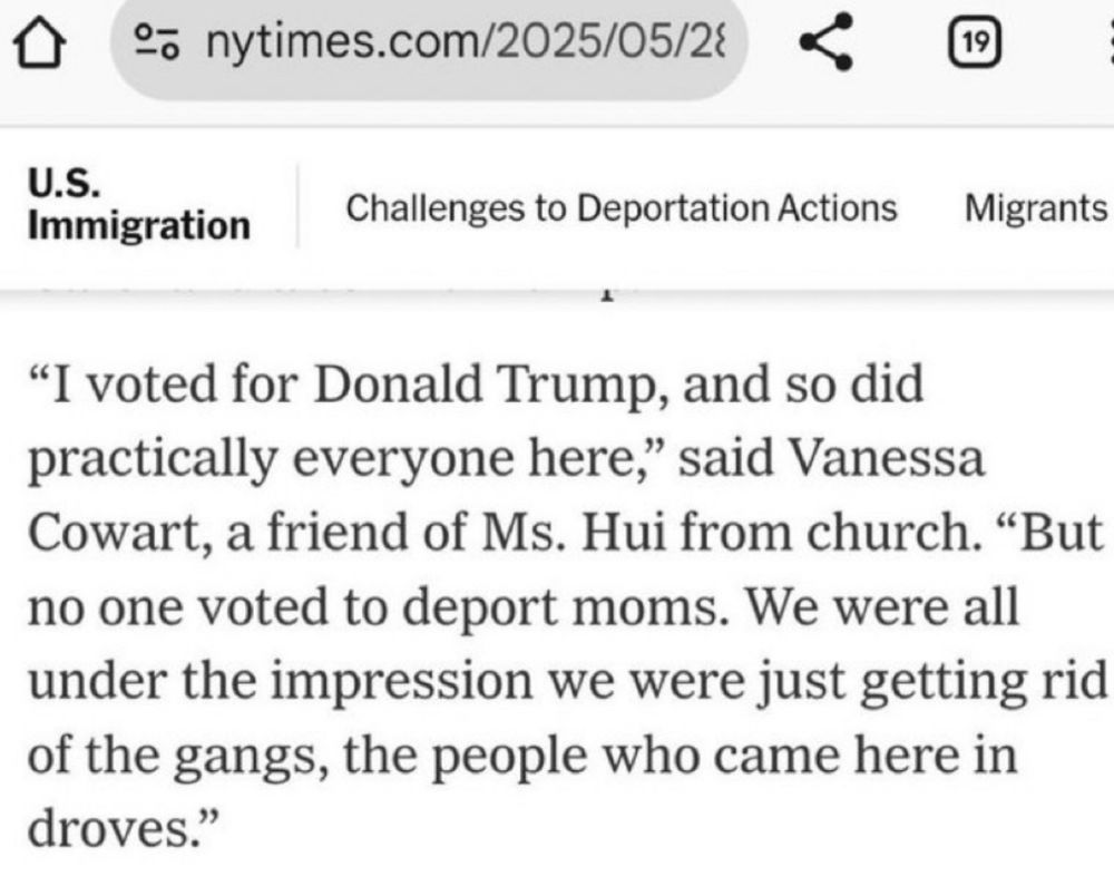 Quote from NY times “ I voted for Donald Trump, and so did practically everyone here, said Vanessa COWART a friend from church “but no one voted to deport Mom’s. We were all under the oppression. We were just getting rid of the gang, the people who came here and drove”