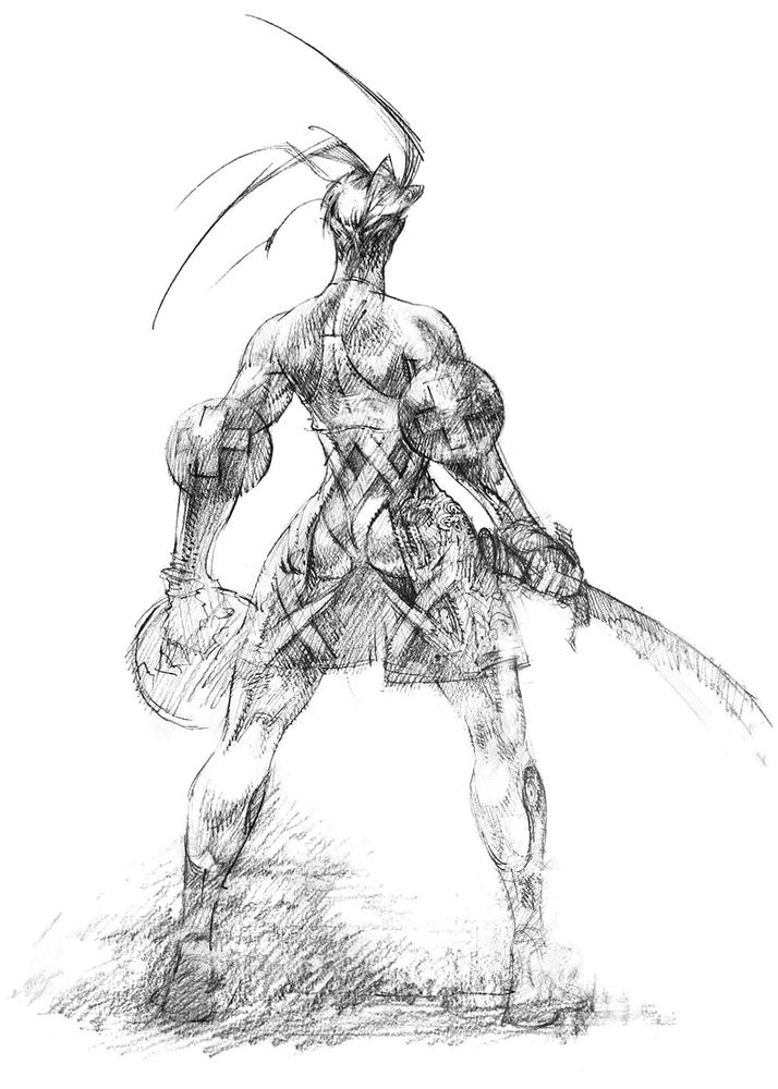 concept art of ashley riot from vagrant story. It's a picture of him from behind. His outfit seems to be regular wide-legged shorts, but they're actually more like loose chaps...? They cover the leg itself but not the ass. He's got some sort of undergarment on so it's not just hanging out, but. the cheeks are easily visible. 