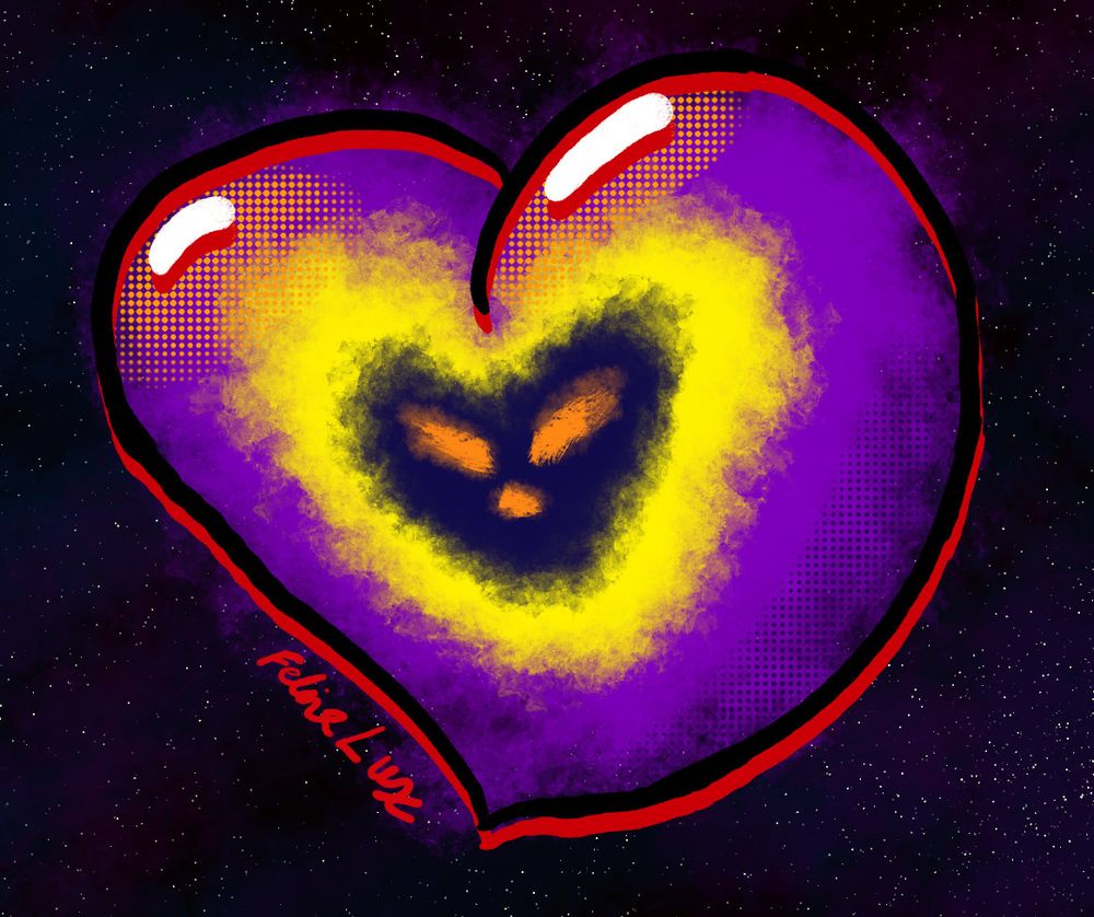 A stylized heart with dotted shading over a swirling of gas in space with a skull looking heart at its center