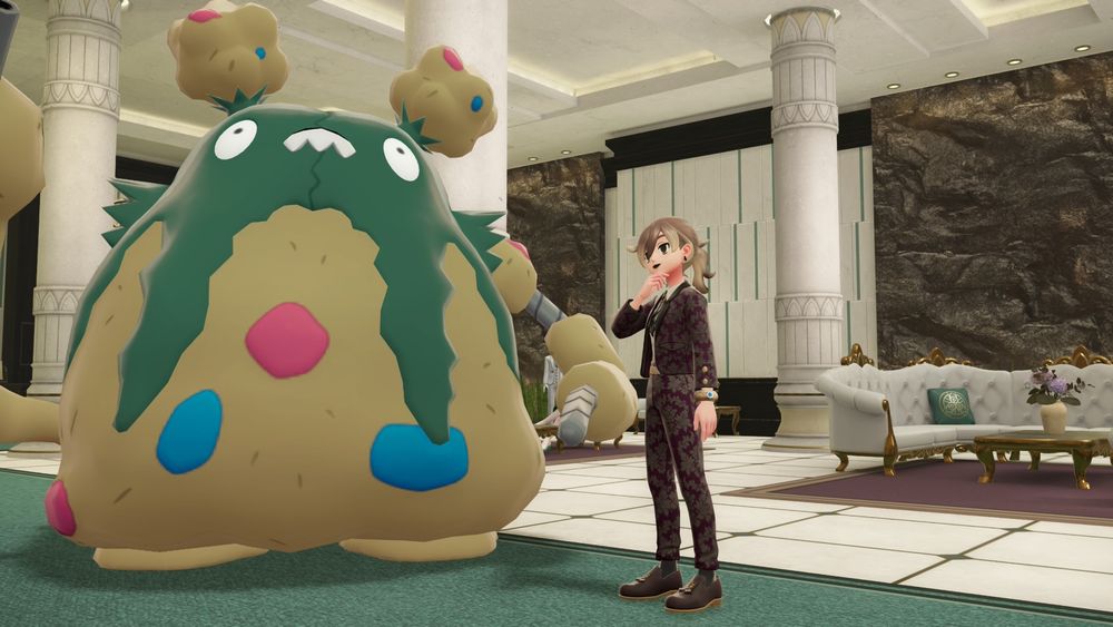 A screenshot of Pokémon legends za of my trainer dressed up in fancy clothes inside a fancy hotel lobby standing next to Lady Garbagé, the fanciest of Garbodors