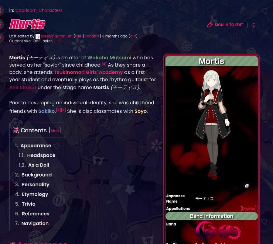Screenshot of the Bandori fandom page for Mortis