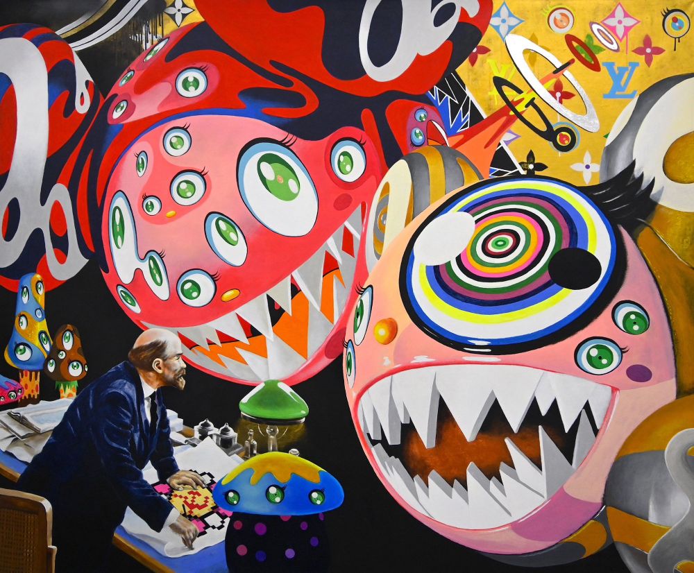 Lenin standing up at his desk in socialist realist style, facing two monstrous, circular entities with multiple eyes in a flat style and designs mimicking Takashi Murakami's