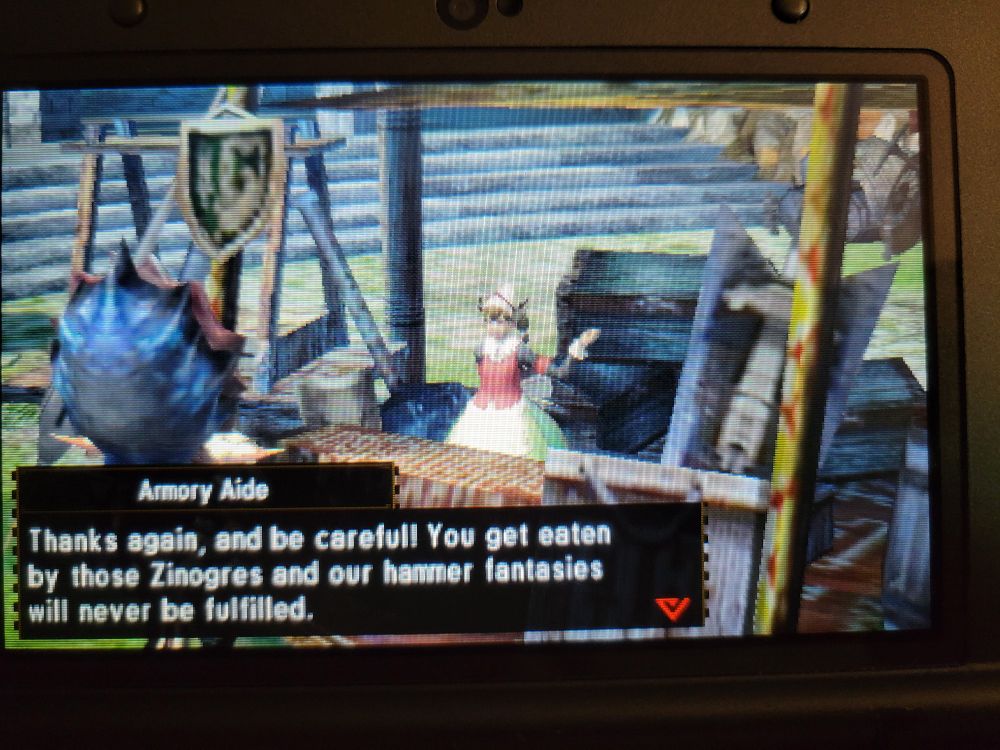 mh4u armory aide dialogue "thanks again, and be careful! you get eaten by those zinogres and our hammer fantasies will never be fulfilled"