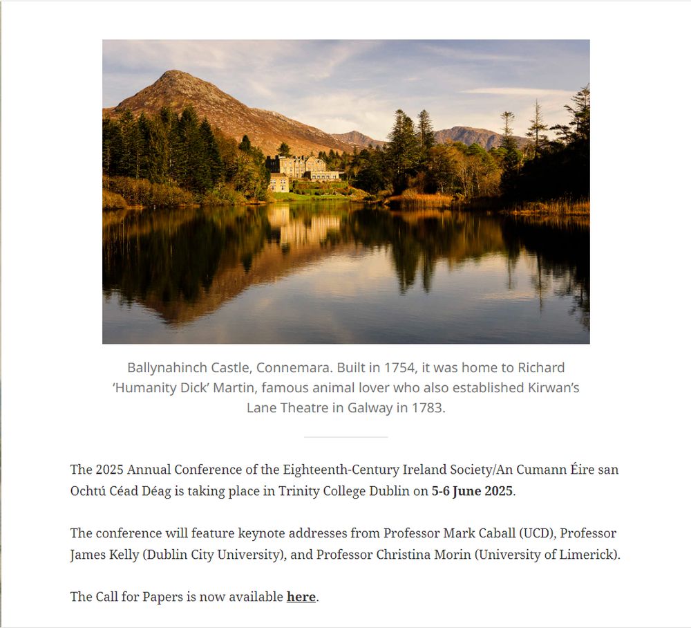 Screenshot of the Eighteenth-Century Ireland Society website with a picture of Ballynahinch Castle, Connemara above an announcement of details of the 2025 conference. 