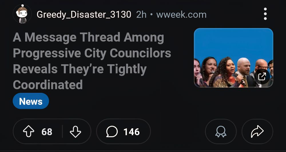 Screenshot of reddit post about WW article on Portland City councillors organization. Currently at 146 comments and 68 upvotes