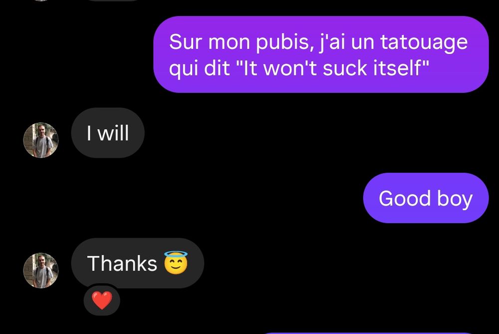Je dis : Sur mon pubis, j'ai un tatouage qui dit "It won't suck itself"
Il répond : I will
Je réponds : Good boy 
Et il me remercie.