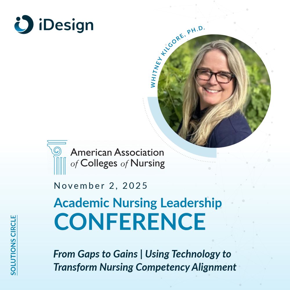 Promotional graphic for the American Association of Colleges of Nursing Academic Nursing Leadership Conference, November 2, 2025. Features Whitney Kilgore, Ph.D., Chief Academic Officer at iDesign, with the session title ‘From Gaps to Gains | Using Technology to Transform Nursing Competency Alignment.’ Includes the iDesign and AACN logos.