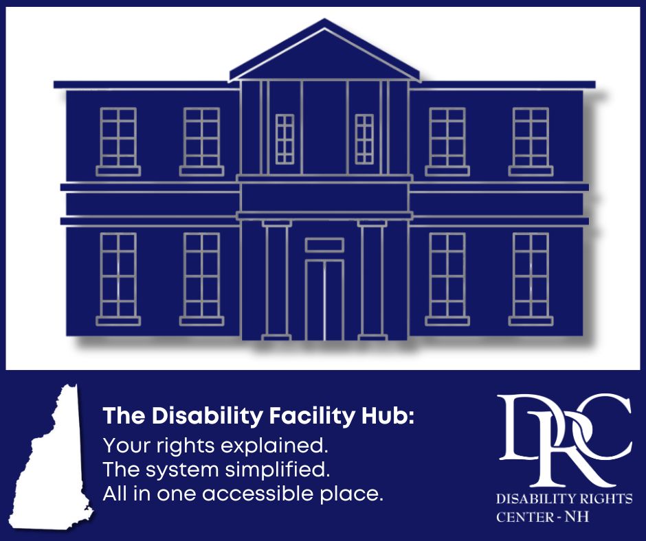 Dark blue graphic of a two story columned facility. Text below in white reads 'The Disability Facility Hub: Your rights explained. The system simplified. All in one accessible place. A white graphic of the state of NH is to the left of the text and the DRC-NH logo in white is to the right.