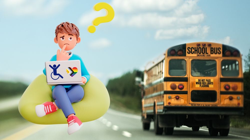 Graphic of student sitting on a bean bag chair with laptop looking confused.  Disability pride stickers decorate their laptop and a bright yellow question mark is above their head. To their left and in the background is a yellow school bus.