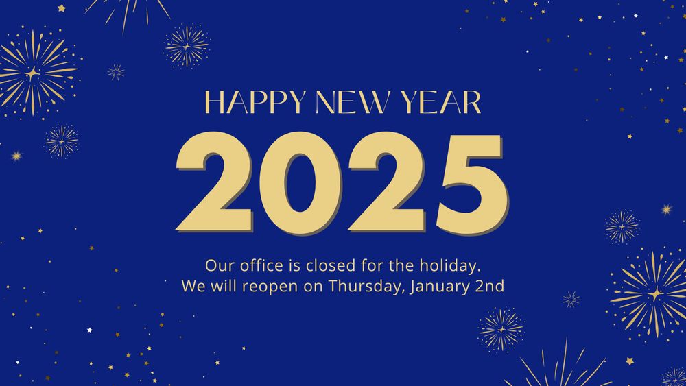 A dark blue background contrasts with brilliant golden fireworks and text that reads 'Happy New Year 2025'