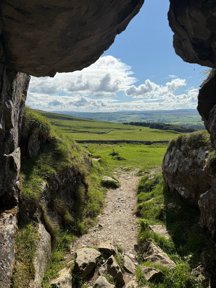 Photo looking out from Jubilee Cave, Langcliffe, Settle. 