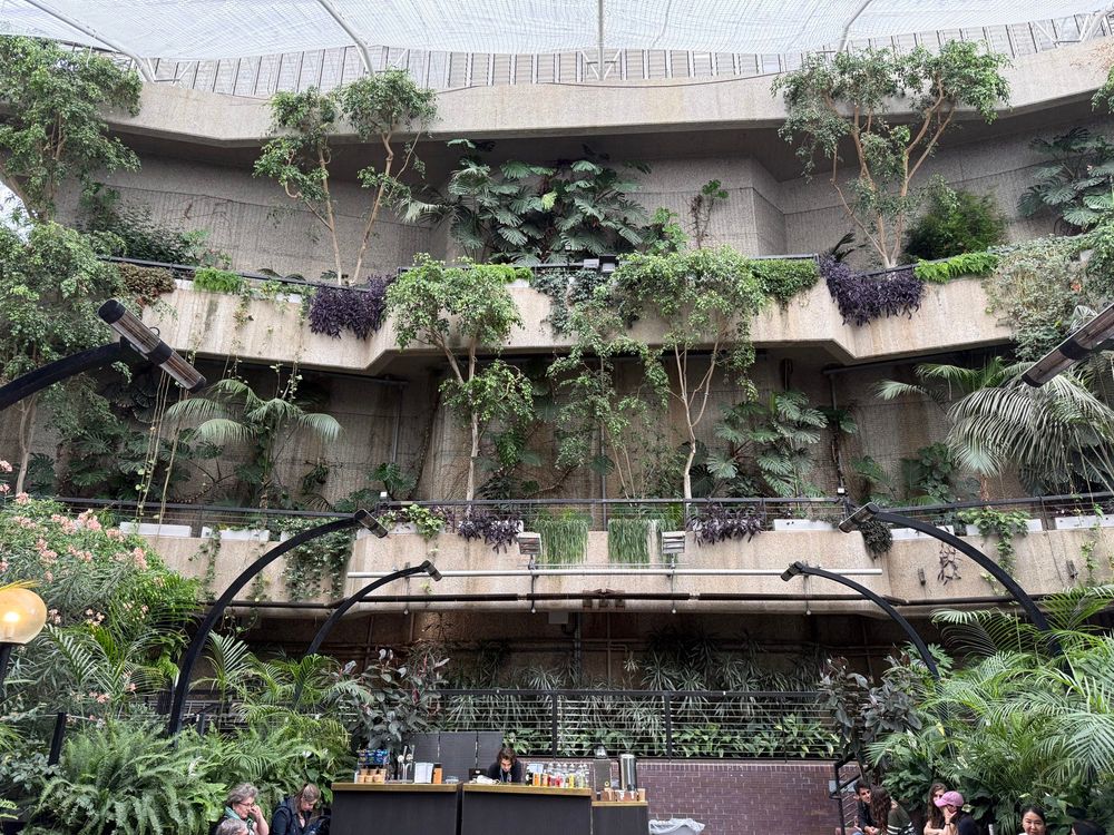 Photo from the interior of the Barbican Conservatory showing balconies with plants growing on and around them, and a bar below them. 