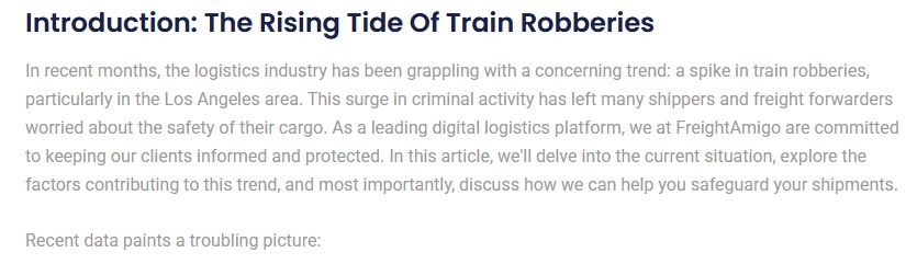 Introduction: The Rising Tide of Train Robberies

In recent months, the logistics industry has been grappling with a concerning trend: a spike in train robberies, particularly in the Los Angeles area. This surge in criminal activity has left many shippers and freight forwarders worried about the safety of their cargo. As a leading digital logistics platform, we at FreightAmigo are committed to keeping our clients informed and protected. In this article, we'll delve into the current situation, explore the factors contributing to this trend, and most importantly, discuss how we can help you safeguard your shipments.

Recent data paints a troubling picture: