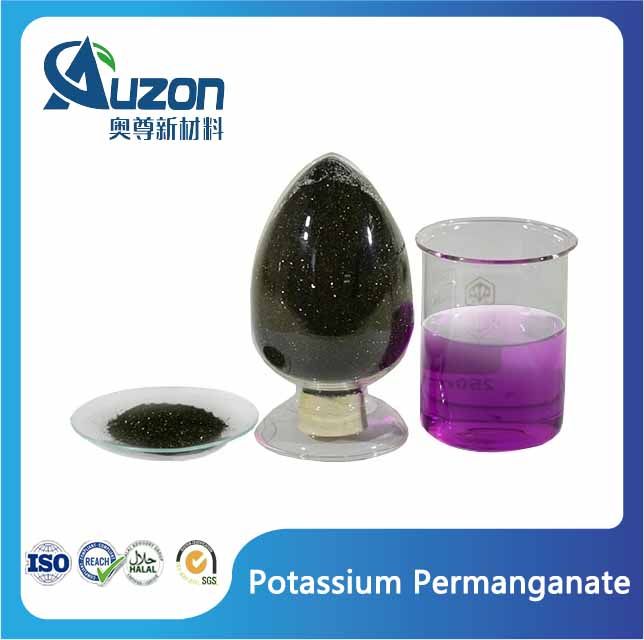 Against a white background from left to right is a small dish with very dark granules of a mineral type thing, an upside down teardrop shaped thing with a stem and a wide base (it's butt plug shaped) and a jar half full of violet coloured liquid. 

At the bottom right it says potassium permanganate, which presumably all three of those things are