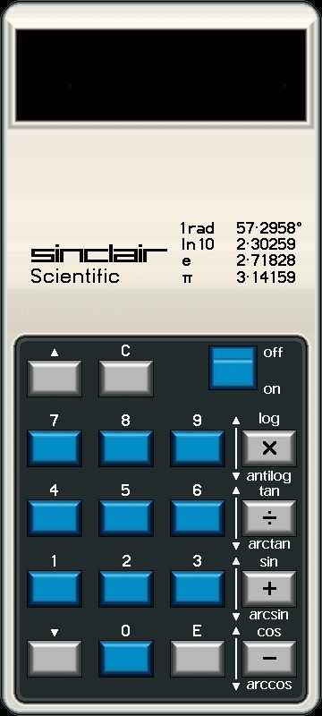 An image (likely a rendering rather than an actual photo) of the Sinclair Scientific calculator from 1974.  The image shows a calculator with a display at the top, "sinclair Scientific" and some reminders of handy mathematical constants written on an otherwise blank space below the display, then an array of blue and gray keys below.

Image source: the article at http://righto.com/sinclair
